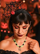 abordables Accessoires d&#039;Halloween-Serre-tête d&#039;Halloween en toile d&#039;araignée pour femme – Dentelle noire gothique avec motif rose rouge et araignée, polyester léger et plastique, parfait pour les fêtes costumées et le cosplay