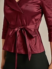 ieftine Topuri imbracate-Pentru femei Bluză Topuri de seară Elegant Metalic Stilat Lungime Manșon 3/4 În V Topuri obișnuite Invitat la nunta Serată Semi formal cravata fata Roșu Vin Primăvară, toamnă, iarnă, vară