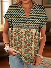 abordables T-shirt floral-Femmes Chemise en coton Fleuri Graphique ancien Tropical Élégant Manche Courte Col en V Hauts Réguliers Quotidien Imprimé Noir Jaune Rouge Bleu Vert Été Printemps
