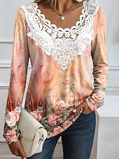 voordelige Bloementhee-Dames Blouse Bloemig Grafisch Elegant Modieus Lange mouw Ronde hals Normale tops Dagelijks Uitgaan Weekend Kant Lapwerk Afdrukken Blozend Roze Rood blauw Oranje Zomer Lente Herfst
