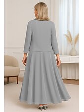baratos Com jaqueta-Vestido de mãe da noiva em duas peças, corte A, com renda e miçangas, elegante, simples, luxuoso, decote em V, comprimento até o chão, comprimento longo, chiffon, manga curta com jaqueta de crepe