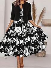 abordables Robe Fleurie-Ensemble de robes pour femmes en deux pièces robe midi avec veste élégante robe en A manches mi-longues robe décontractée semi-formelle imprimé floral ombragé encolure en V rendez-vous noire bleue