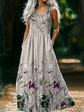 economico Abiti Boho-Abito vintage da donna in stile boho con stampa floreale, casual, per uscire in spiaggia, vestibilità regolare, senza maniche, scollo a U, rosa vinaccia, marrone chiaro, blu, estate e primavera.