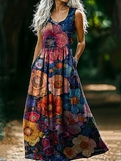 economico Abiti Boho-Abito vintage da donna in stile boho con stampa floreale, casual, per uscire in spiaggia, vestibilità regolare, senza maniche, scollo a U, rosa vinaccia, marrone chiaro, blu, estate e primavera.