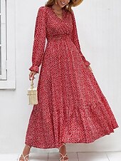 preiswerte Elegante Blumenkleider-Damen Langes Kleid Maxikleid Freizeitkleid Druckkleid Mode Modern Täglich Strand Wochenende Normale Passform Blume Langarm V Ausschnitt Schwarz Rote Blau Grün Sommer Frühling Herbst
