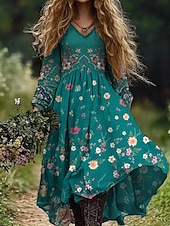 economico Abiti Boho-Per donna Abito maxi Abito a trapezio Vacanza Casual Boho Uscire Spiaggia Vestibilità comoda Floreale Grafico Paisley Manica Lunga Scollo a V Verde scuro Nero Vino Rosso Estate Primavera Autunno