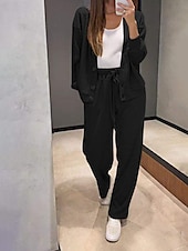 voordelige Blousepakken voor dames-Dames Actief Streetwear Blouse Broeken Sets Lange mouw V-hals Effen Kleur Vakantie Alledaagse kleding Zwart Leger Groen Stoffig blauw Herfst Normale pasvorm