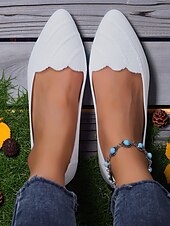 preiswerte Ballerinas für Damen-Weiße Flyknit-Ballerinas mit spitzer Zehenpartie für Damen – Ballerinas mit gewelltem Rand für Frühlingspicknicks, Gartenpartys und den Weg zur Arbeit
