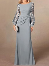 economico Lunghezza del pavimento-Abito Madre della Sposa Sheath  Column Blu Polveroso Elegante Semplice Minimalista Collo a Barchetta Lunghezza Piena Crepe Elasticizzato Manica Lunga con Ricamo in Pizzo