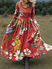 economico Abiti Boho-Per donna Abito maxi Abito a trapezio Vacanza Casual Boho Spiaggia Vestibilità regolare Floreale Grafico Paisley Manica Lunga Scollo a V Rosa Rosso Blu Verde Primavera Autunno
