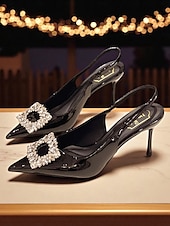 economico Festa Notturna-Scarpe con tacco a spillo in vernice bordeaux da donna con cinturino posteriore - stiletti a punta con fibbia in cristallo per eventi formali e cocktail party