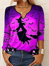 ieftine tricou Art &amp; Design-Halloween Pentru femei Tricou Ombre Grafic Geometric Epocă Stilat Clasic Manșon Lung Gât crestat Topuri obișnuite Zilnic Imprimeu Mov Portocaliu Trifoi Vară Primăvară Toamnă
