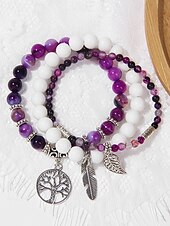 economico Bracciale da donna-Set di bracciali da donna in stile boho con perline turchesi, con ciondolo a forma di albero della vita e piuma, elastico, perline in pietra naturale, adatti per abbigliamento casual, feste e regali.