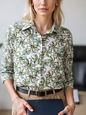 billige Kvinnenes Kunst &amp; Design Topper-Dame Bluse Dressy topper Chiffongoverdeler Blomstret Fargeblokk Elegant Daglig Stilfull Langermet Skjortekrage Vanlige topper Arbeid Daglig Knapper Trykt mønster Svart Blå Brun Grønn Beige Vår, Høst