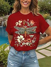 abordables T-shirt Animaux-Femmes T-shirt Fleuri Graphique Libellule ancien Élégant Classique Manche Courte Col ras du cou Col rond Hauts Réguliers Quotidien Week-end Imprimé Noir Blanche Jaune Rose Claire Rouge Été Printemps