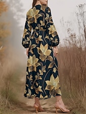 abordables Robe Fleurie-Femmes Robe Midi Robe Décontractée Mousseline de Soie Robe évasée Moderne Vacances Quotidien Week-end Coupe régulière Fleuri manche longue Col en V bleu marine Bleu Bleu de minuit Été Printemps