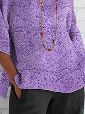 billige Kunst &amp; Design t-skjorte-Dame T skjorte Blomstret Grafisk Årgang Klassisk Fritid 3/4 ermer Crew-hals Rund hals Vanlige topper Daglig Helg Strand Klær Trykt mønster Lilla Sommer Vår Høst