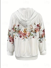 billige Blomstrete topper-Dame Zipper Hoodie Blomster Grafisk Moteklær Casual Langermet Hette Vanlige Topper Gate Hverdagsbruk Lomme Trykk Hvit Lilla Fuksia Vår Høst