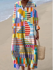 tanie Sukienki w paski i geometryczne-Damskie Sukienka maxi Sukienka letnia Sukienka A line Urlop Codzienny Boho Wyjściowe Plaża Graficzny Geometryczny Naszywka Długi rękaw W serek jesion Czarny Żółty Rumiany róż Lato Wiosna