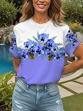 abordables T-shirt floral-Femmes T-shirt Fleuri Graphique ancien Élégant Classique Manche Courte Col ras du cou Col rond Hauts Réguliers Quotidien Sortir Week-end Imprimé Noir et blanc Jaune Rose Claire Bleu Violet Ét