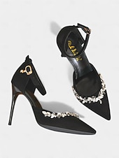 levne Klasické lodičky-Dámské černé saténové jehlové podpatky se špičatou špičkou, křišťálovými ozdobami a páskem na kotníku - elegantní společenské boty na koktejlové a večerní akce