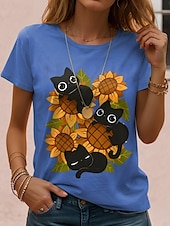 abordables T-shirt Animaux-Femmes T-shirt Chemise en coton Graphique Chat ancien Élégant Classique Manche Courte Col ras du cou Col rond Hauts Réguliers Quotidien Imprimé Noir Blanche Bleu Gris Été Printemps
