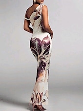 abordables Robes fleuries élégantes-Femmes Robe Longue Maxi Robe Robe Imprimée Mode Extérieur Sortir Week-end Coupe régulière Fleur Sans manches Une Épaule Violet Vert Été