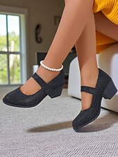 ieftine Block Heels-Pantofi Mary Jane cu toc bloc și sclipici pentru femei – tocuri joase aurii confortabile, cu bareta cu velcro, pentru purtare zilnică, evenimente școlare și ținute de inspirație retro
