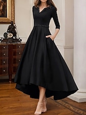 abordables Robes de cocktail-Robe de cocktail trapèze élégante, robe de soirée formelle, longueur thé, robe asymétrique, manches mi-longues, col en V, satin extensible avec poche à perles, 2025