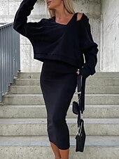 abordables Robe Simple-Femmes Robe Ensemble Robe fourreau Occasionnel Uni Froncé Robe Midi manche longue À capuche Extérieur Quotidien Noir Chameau Café Été Printemps Coupe régulière