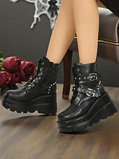 abordables Pour les femmes-Bottines à plateforme pour femmes à imprimé chauve-souris d&#039;Halloween – Bottines de combat à talons épais et lacets de style gothique punk pour fêtes, cosplay et soirées
