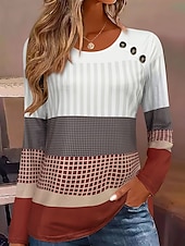 billige Stripe og geometriske topper-Dame Gensere Grafisk Geometrisk Stripet Årgang Klassisk Fritid Langermet Crew-hals Vanlige topper Knapper Trykt mønster Hvit Vin Vår Høst Vinter