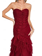 baratos Vestidos de Noite-Vestido de Festa de Sereia  Trompete Elegante Vestido Formal de Baile com Cauda Sem Mangas Gola Coração em Tule com Pregas e Xale