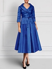 abordables Ensembles de robes pour maman-Ensemble de robes trapèze deux pièces, robe de mère de la mariée, élégante, revers, longueur au sol, longueur cheville, tissu extensible en satin, manches longues, bleu, noir, mariage d&#039;automne 2025