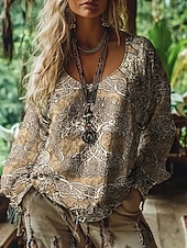billige Boho topper-damebluse grafisk vintage daglig avslappet langermet v-hals vanlig topper tribal livets tre vintage designer grunnleggende trykk ferie gate ute daglig ferietrykk brun sommer vår høst