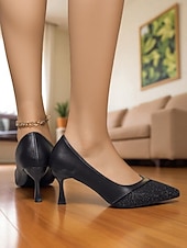 olcso Stiletto sarkú cipők-női fekete csipke és csillámos hegyes orrú, kitty sarkú cipők – elegáns műbőr magassarkúk irodába, partikra és estélyi viseletre