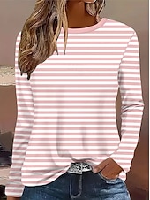 billige Stripe og geometrisk t-skjorte-Påske Dame T skjorte Grafisk Stripet Planter Årgang Stilfull Klassisk Langermet Crew-hals Rund hals Vanlige topper Daglig Trykt mønster Gul Rosa Blå Grønn Kakifarget Sommer Vår Høst