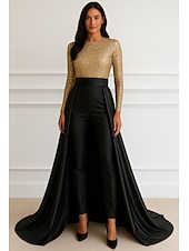 economico Abiti da ballo-Abito da sera A-Line in oro nero elegante abito formale matrimonio lunghezza al pavimento maniche lunghe scollo a girocollo madre della sposa in satin elasticizzato con paillettes glitter