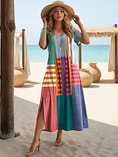 cheap Stripe&amp;Geometric Dress-Women&#039;s Maxi Dress T Shirt Dress Tee Dress Sundress Shift Dress Vacation Casual Beach Party Beach Regular Fit Geometric Stripe Short Sleeve Crewneck Yellow Pink Red Blue Summer Spring