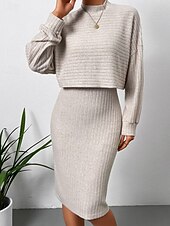 levne Pletené šaty-Dámské Sada šatů Slip Dress Na běžné nošení Semiformální šaty Bez vzoru Design Mini šaty Dlouhý rukáv Tričkový Venkovní Rande Černá Nebeská modř Meruňková Jaro Podzim Běžný