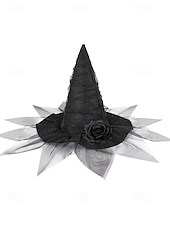 economico Accessori di Halloween-cappello da strega di Halloween da donna con velo a rete e rosa – cappello gotico a punta per feste in maschera, cosplay ed eventi a tema