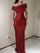 voordelige ROOD-Rode jurk met glinsterende kristallen, stretch mesh, zeemeermin/trompet avondjurk, elegante jurk, formele bruiloft, lange jurk, mouwloos, off-shoulder, kant met plooien, gerimpeld, 2025