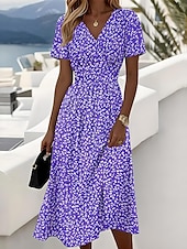 billiga Skriv ut blommiga klänningar-Dam Midiklänning Vardagsklänning Solklänning A linjeklänning Slipklänning Elegant Semester Ledigt Strand Normal Blommig Grafisk Prickig Kortärmad V-hals Gul Rubinrött Blå Purpur Sommar Vår