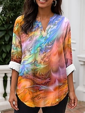 abordables Hauts d&#039;Art et de Design pour Femmes-Femmes Chemisier A Ombre Graphique ancien Quotidien Élégant manche longue Col en V Hauts Réguliers Quotidien Fête Imprimé Bleu Violet Orange Vert Printemps Automne
