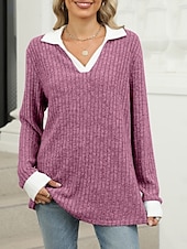 voordelige Dames eenvoudige tops-Dames Overhemd Effen Kleur Stijlvol Casual Lange mouw V-hals Normale tops Dagelijks Lapwerk Zwart Rood blauw Fuchsia Lente Herfst