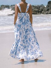 billiga Blommiga klänningar-Dam Maxiklänning A linjeklänning Slipklänning Semester Ledigt Boho Utomhus Utekväll Normal Blommig Ärmlös Halterneck Vit Gul Blå Orange Sommar Vår