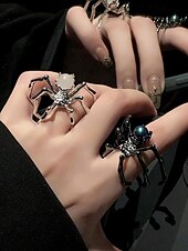 economico Accessori di Halloween-Set di anelli da donna a forma di ragno per Halloween: anelli in lega aperti regolabili con stile punk gotico, design a ragno con gemme bianche e nere per feste in maschera, cosplay e serate spettrali