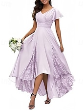 abordables Robes pour invitées de mariage-Ligne A Robes pour invités de mariage Élégant Robe robe demoiselle d honneur Fiançailles Asymétrique Manche Courte Col en V Chiffon avec Croisé Froncé 2025