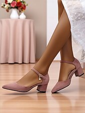 abordables Block Heels-Escarpins à talons compensés en daim rose pour femme, avec bride à la cheville – élégants escarpins à bout pointu et détails charmants pour mariages, fêtes et tenues de bureau