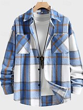 preiswerte Herrenjacken &amp; Herrenmäntel-Herren Leichte Jacke Hemdjacke Freizeitjacke Jacke-Shirt Urlaub Täglich Atmungsaktiv Tasche Frühling Herbst Karomuster Mode Klassisch Revers Regulär Blau Khaki Jacken